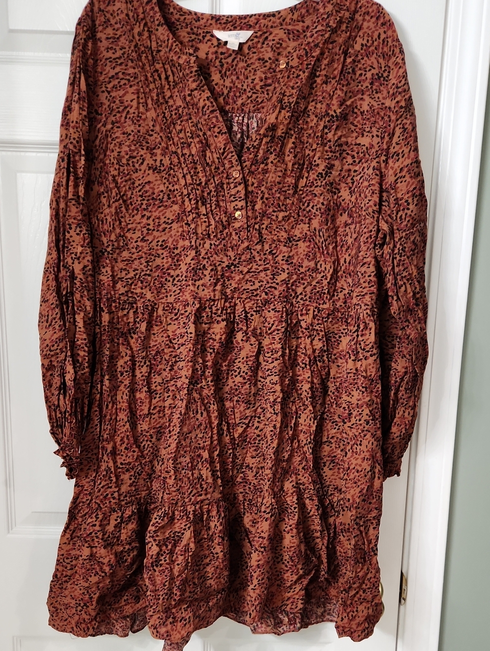 Rust Print Tiered Long-Sleeve Dress